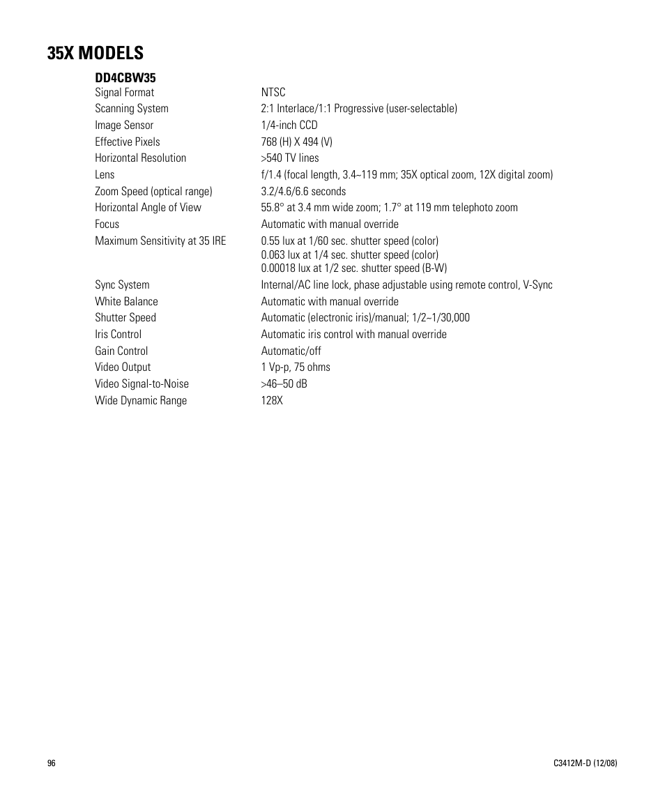 35x models | Pelco SPECTRA C3412M-D User Manual | Page 96 / 100