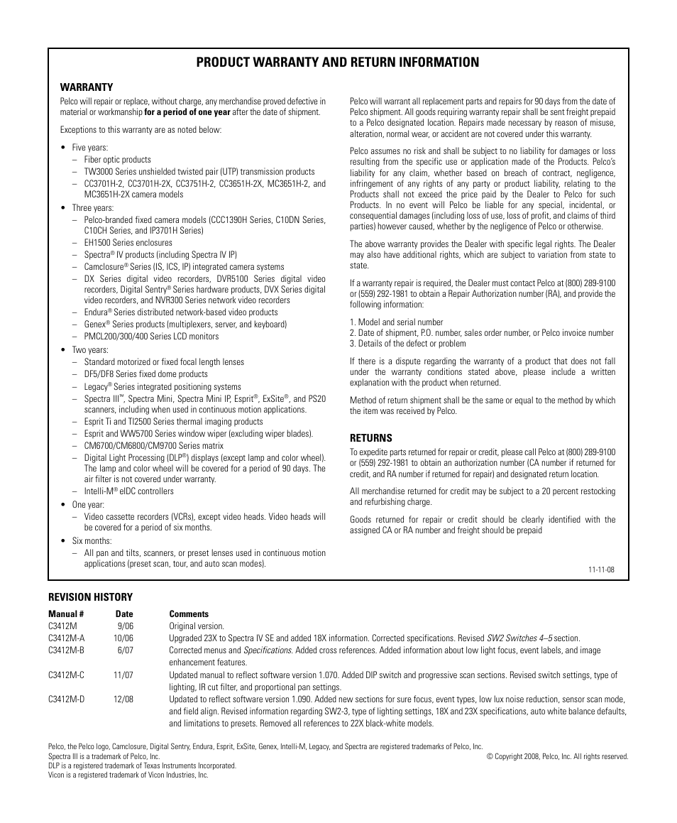 Product warranty and return information | Pelco SPECTRA C3412M-D User Manual | Page 99 / 100
