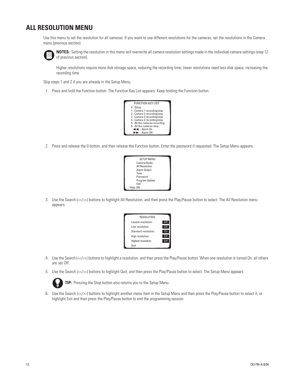 All resolution menu | Pelco DX1104-080 User Manual | Page 12 / 32