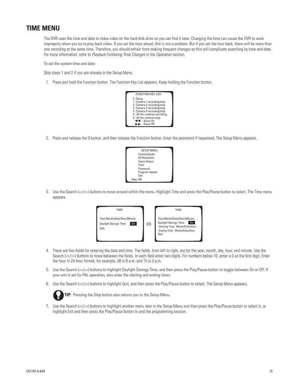 Time menu | Pelco DX1104-080 User Manual | Page 15 / 32