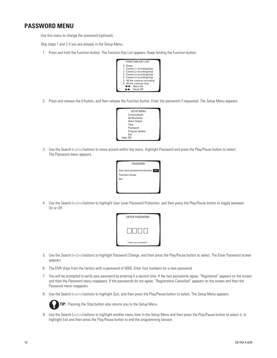 Password menu | Pelco DX1104-080 User Manual | Page 16 / 32