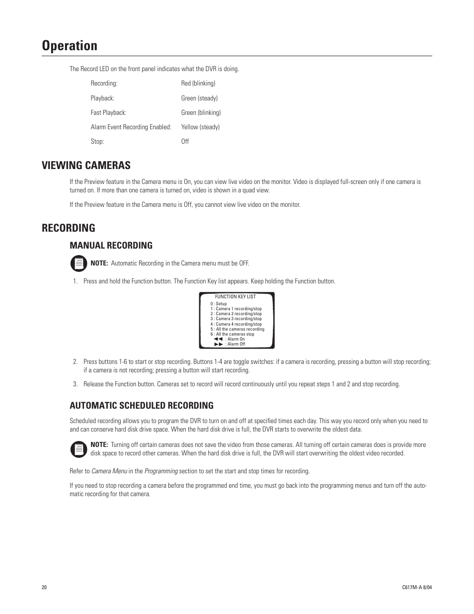 Operation, Viewing cameras, Recording | Manual recording, Automatic scheduled recording, Viewing cameras recording, Manual recording automatic scheduled recording | Pelco DX1104-080 User Manual | Page 20 / 32