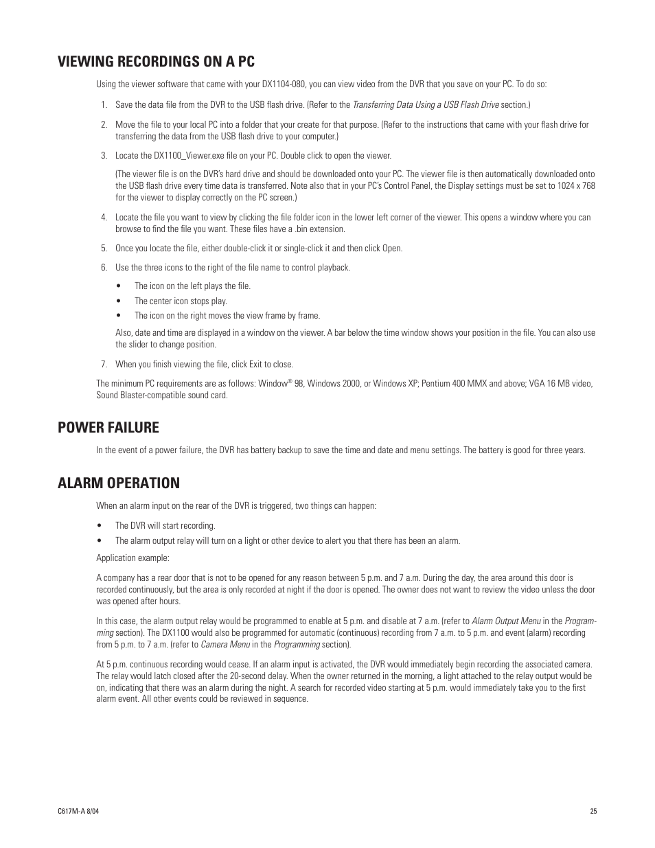 Viewing recordings on a pc, Power failure, Alarm operation | Pelco DX1104-080 User Manual | Page 25 / 32