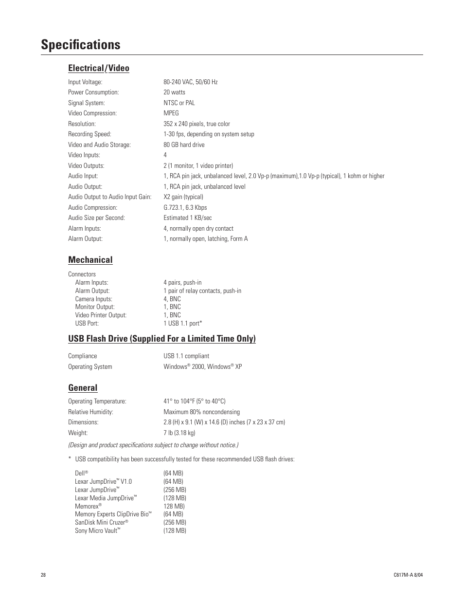 Specifications, Electrical/video, Mechanical | General, Electrical/video mechanical general, Electrical / video, Usb flash drive (supplied for a limited time only) | Pelco DX1104-080 User Manual | Page 28 / 32