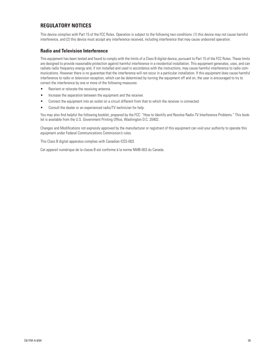 Regulatory notices | Pelco DX1104-080 User Manual | Page 29 / 32