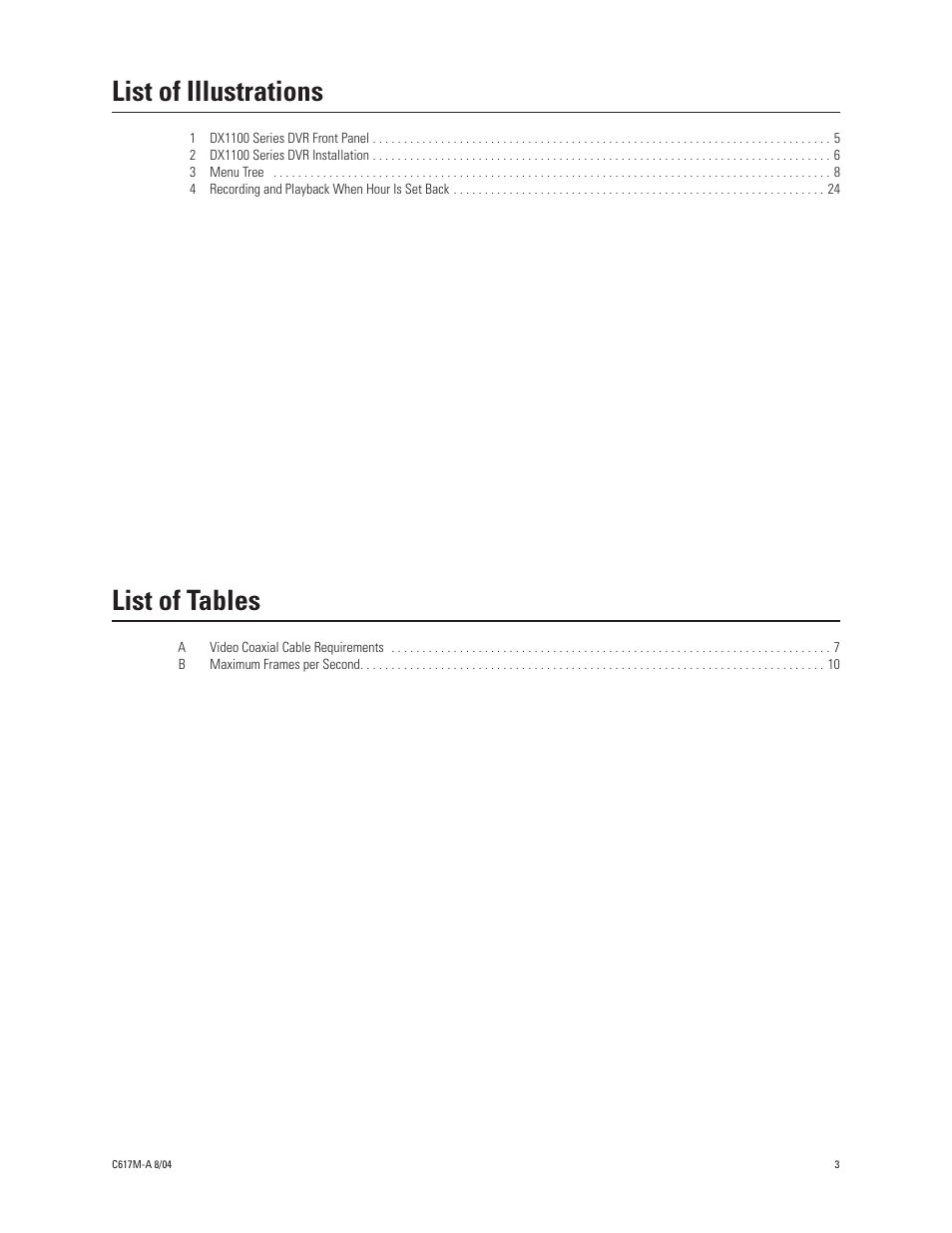 List of illustrations, List of tables | Pelco DX1104-080 User Manual | Page 3 / 32