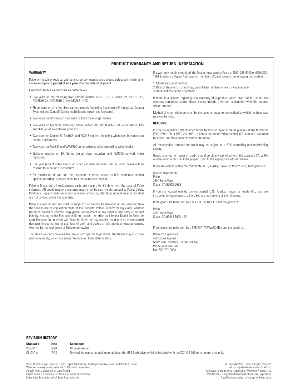Product warranty and return information | Pelco DX1104-080 User Manual | Page 31 / 32