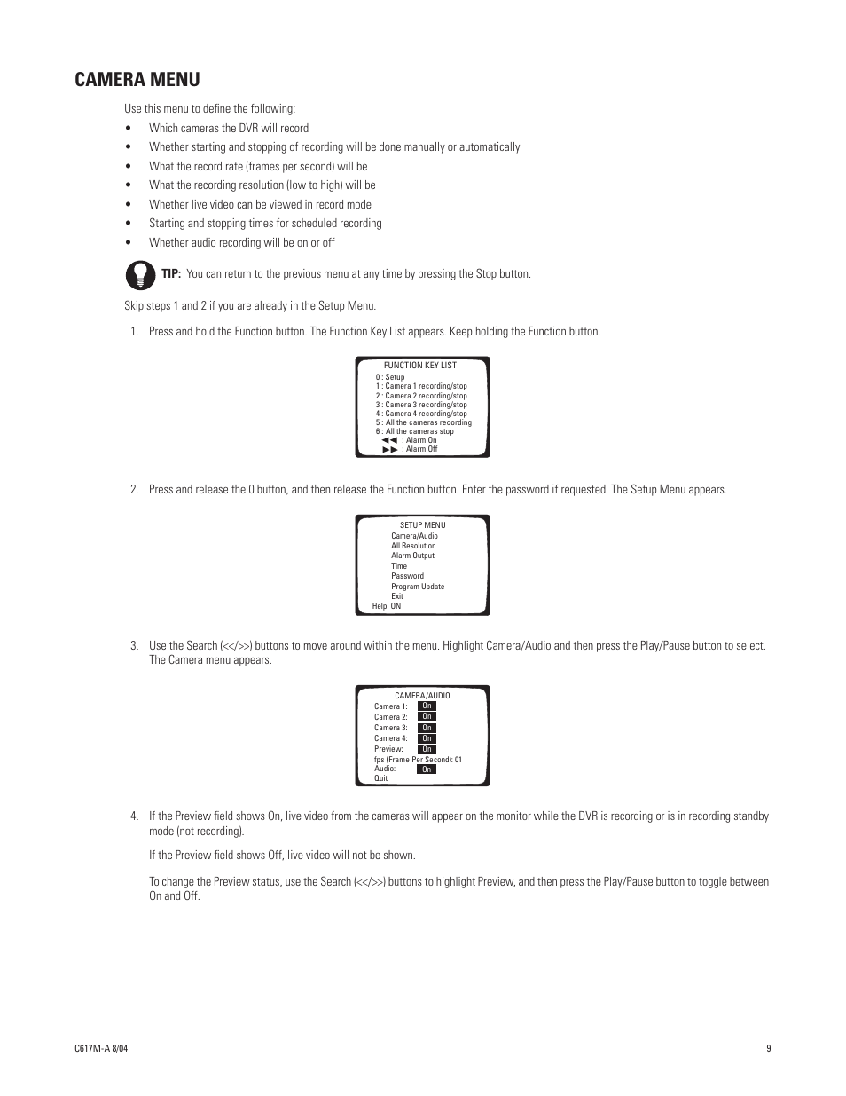 Camera menu | Pelco DX1104-080 User Manual | Page 9 / 32