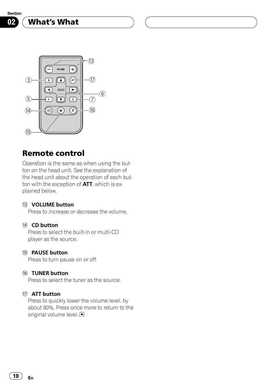Remote control 10, Remote control, Whats what | Playtex Multi-CD control High power CD/MP3/WMA/WAV player with FM/AM tuner DEH-P560MP User Manual | Page 10 / 162