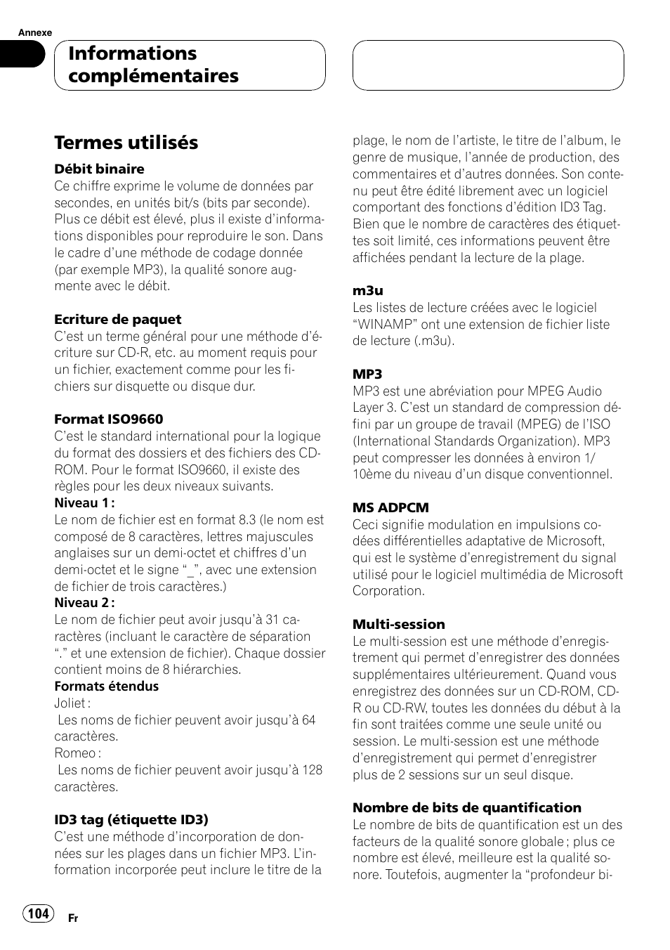 Termes utilisés 104, Termes utilisés, Informations complémentaires | Playtex Multi-CD control High power CD/MP3/WMA/WAV player with FM/AM tuner DEH-P560MP User Manual | Page 104 / 162