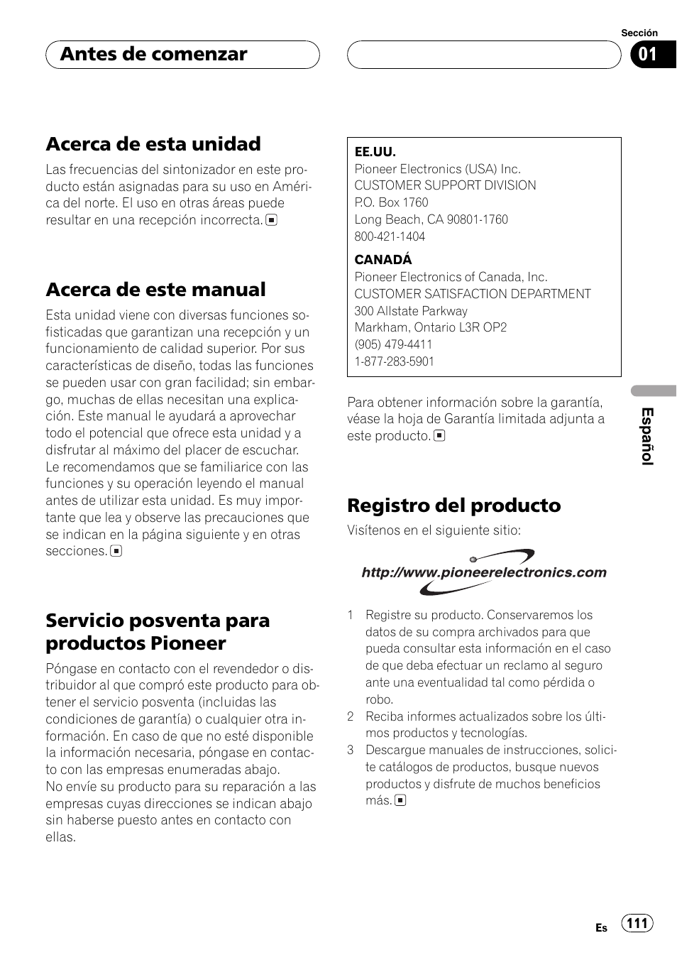Antes de comenzar acerca de esta unidad 111, Acerca de este manual 111, Servicio posventa para productos | Pioneer 111, Registro del producto 111, Acerca de esta unidad, Acerca de este manual, Servicio posventa para productos pioneer, Registro del producto, Antes de comenzar | Playtex Multi-CD control High power CD/MP3/WMA/WAV player with FM/AM tuner DEH-P560MP User Manual | Page 111 / 162