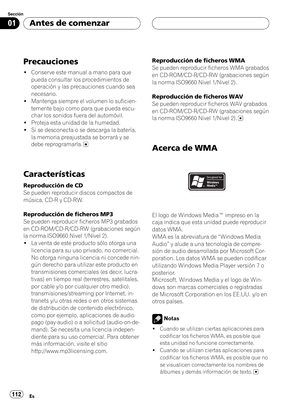 Precauciones 112, Características 112, Acerca de wma 112 | Precauciones, Características, Acerca de wma, Antes de comenzar | Playtex Multi-CD control High power CD/MP3/WMA/WAV player with FM/AM tuner DEH-P560MP User Manual | Page 112 / 162