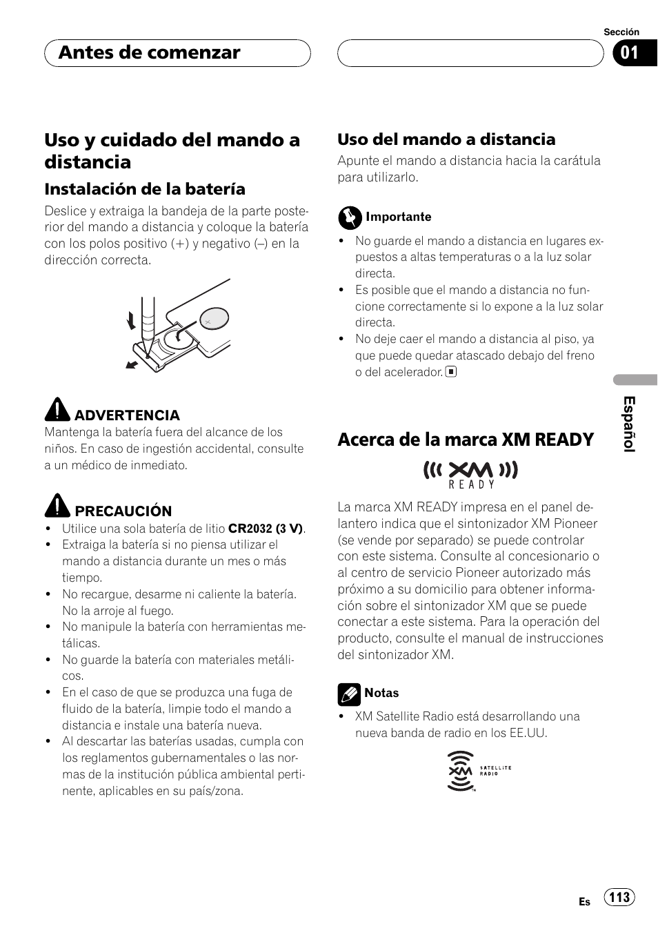 Uso y cuidado del mando a distancia 113, Instalación de la batería 113, Uso del mando a distancia 113 | Acerca de la marca xmready 113, Uso y cuidado del mando a distancia, Acerca de la marca xm ready, Antes de comenzar, Instalación de la batería, Uso del mando a distancia | Playtex Multi-CD control High power CD/MP3/WMA/WAV player with FM/AM tuner DEH-P560MP User Manual | Page 113 / 162