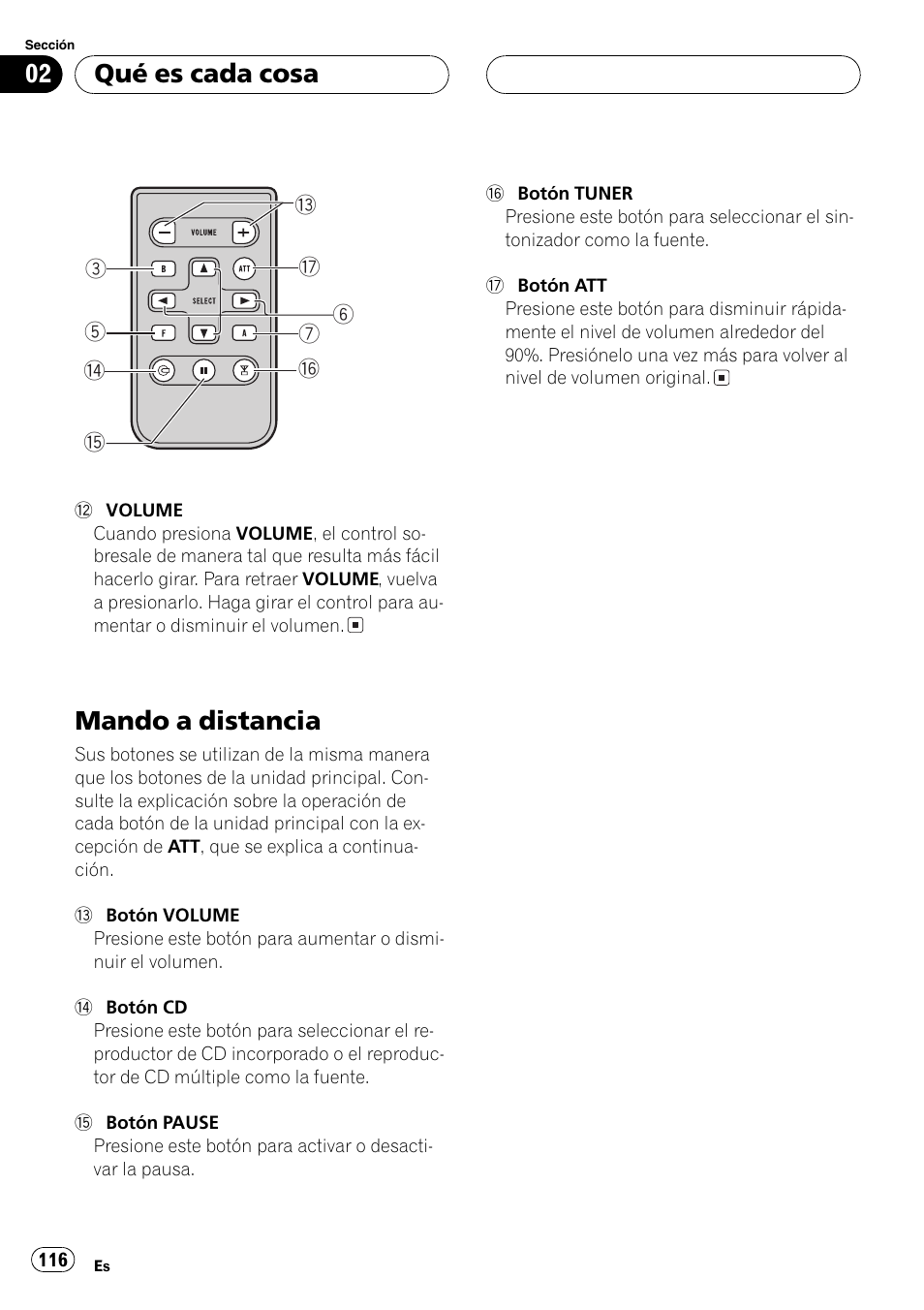Mando a distancia 116, Mando a distancia, Qué es cada cosa | Playtex Multi-CD control High power CD/MP3/WMA/WAV player with FM/AM tuner DEH-P560MP User Manual | Page 116 / 162