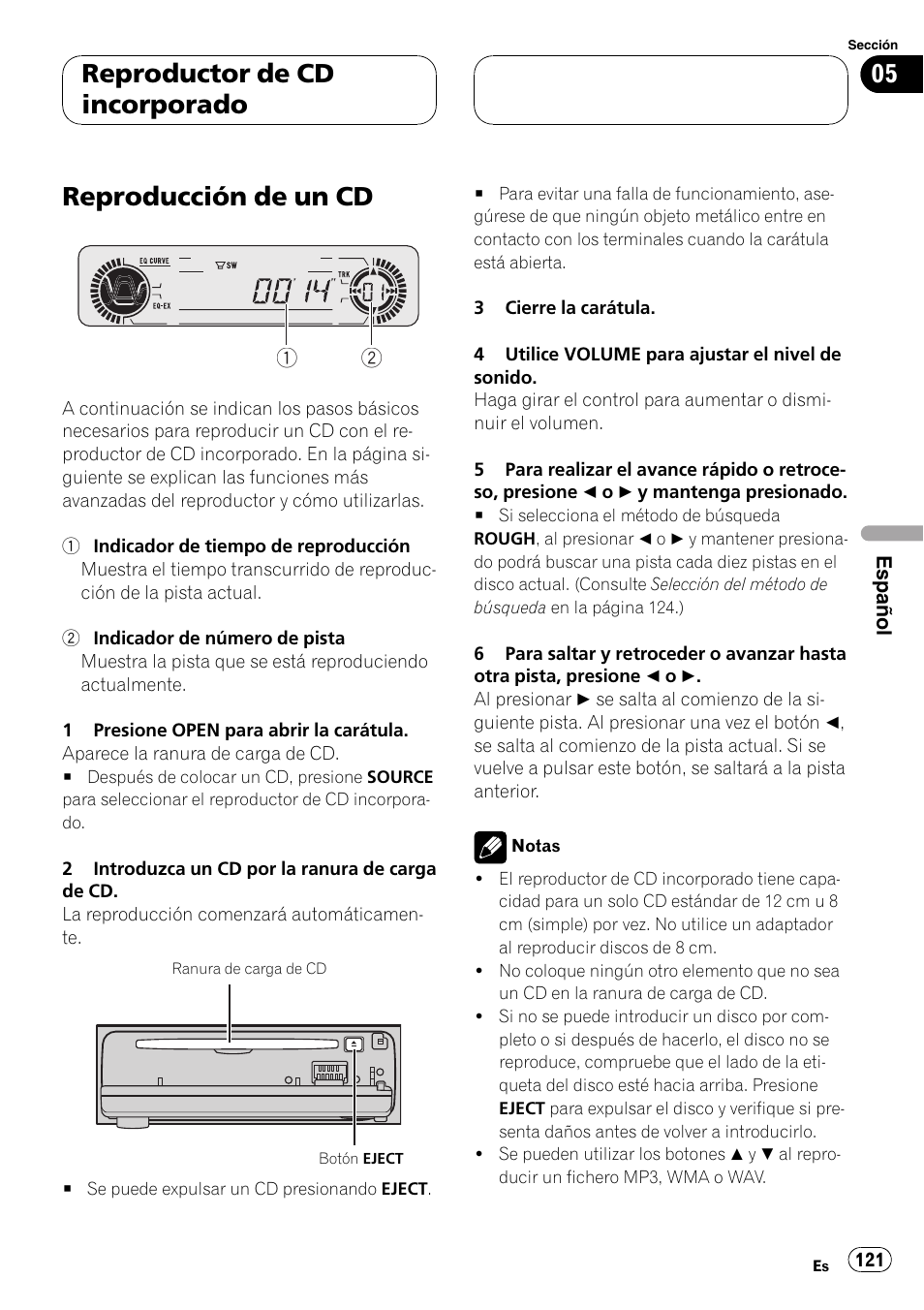 Reproductor de cd incorporado, Reproducción de un cd 121, Reproducción de un cd | Playtex Multi-CD control High power CD/MP3/WMA/WAV player with FM/AM tuner DEH-P560MP User Manual | Page 121 / 162