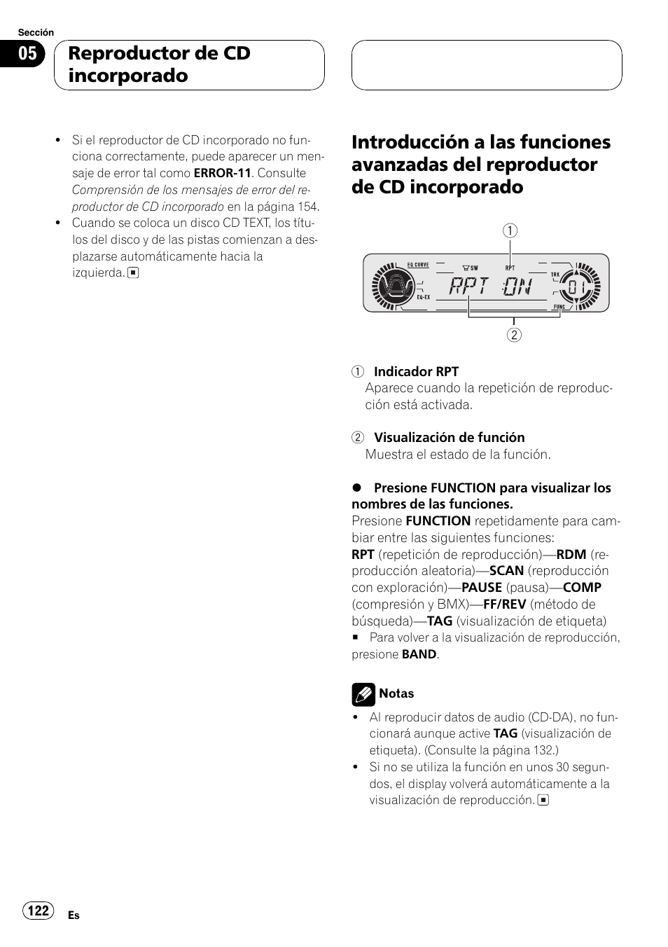 Introducción a las funciones avanzadas del, Reproductor de cd incorporado 122, Reproductor de cd incorporado | Playtex Multi-CD control High power CD/MP3/WMA/WAV player with FM/AM tuner DEH-P560MP User Manual | Page 122 / 162
