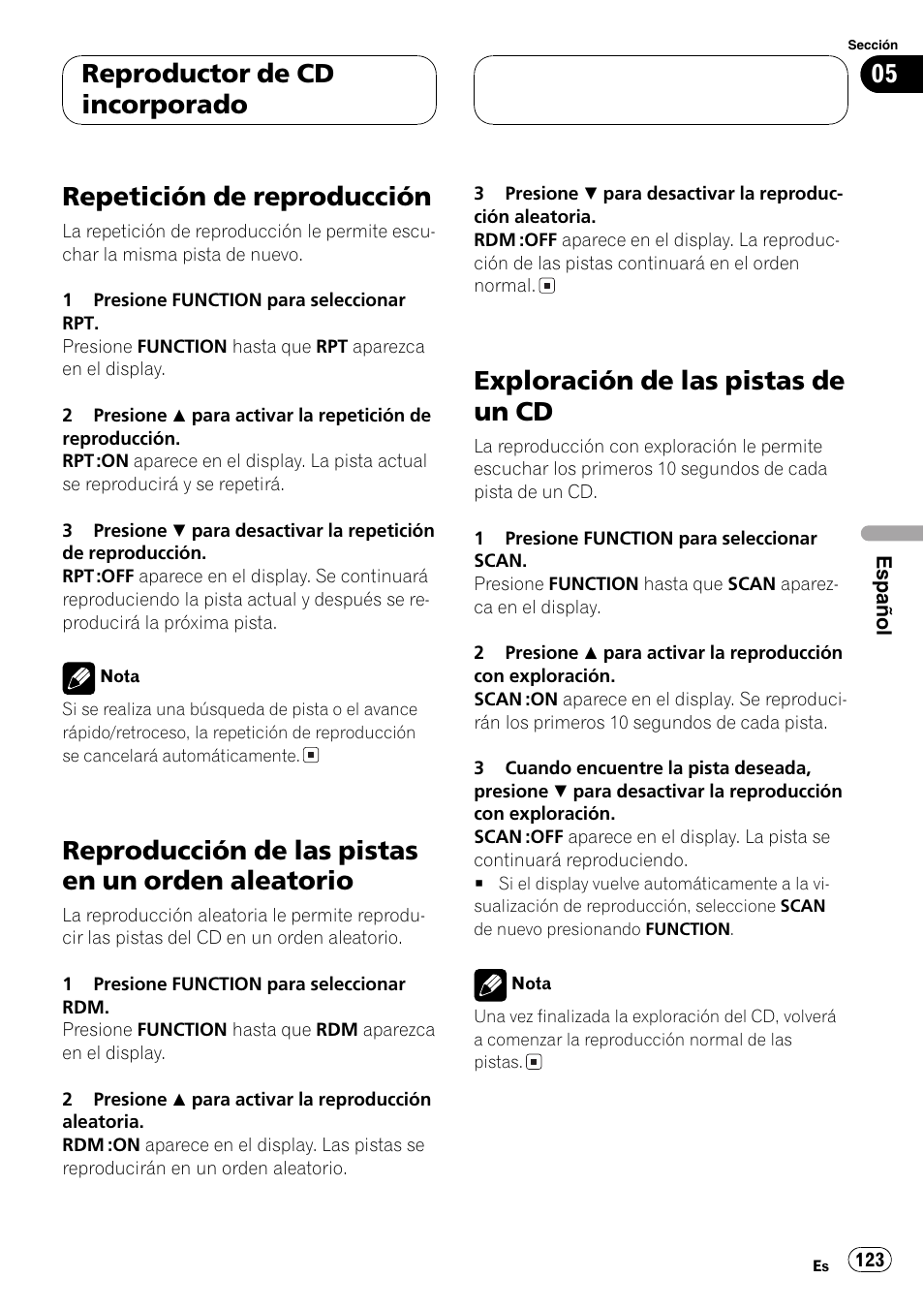 Repetición de reproducción 123, Reproducción de las pistas en un orden, Aleatorio 123 | Exploración de las pistas de un cd 123, Repetición de reproducción, Reproducción de las pistas en un orden aleatorio, Exploración de las pistas de un cd, Reproductor de cd incorporado | Playtex Multi-CD control High power CD/MP3/WMA/WAV player with FM/AM tuner DEH-P560MP User Manual | Page 123 / 162