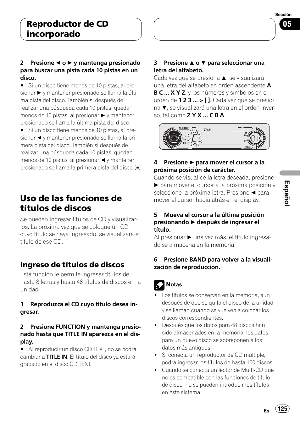 Uso de las funciones de títulos de, Discos 125, Ingreso de títulos de discos 125 | Uso de las funciones de títulos de discos, Reproductor de cd incorporado, Ingreso de títulos de discos | Playtex Multi-CD control High power CD/MP3/WMA/WAV player with FM/AM tuner DEH-P560MP User Manual | Page 125 / 162