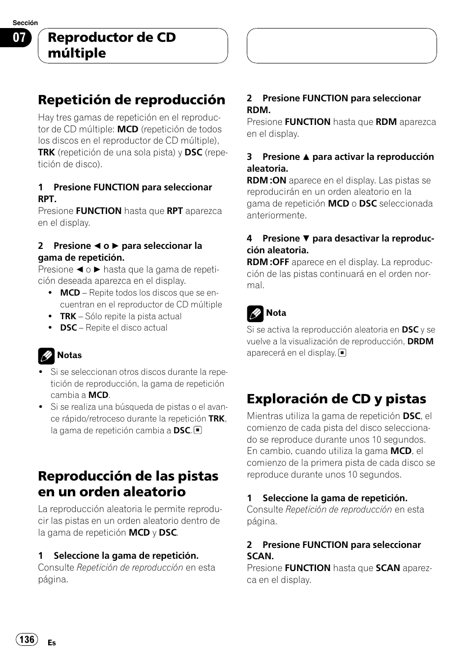 Repetición de reproducción 136, Reproducción de las pistas en un orden, Aleatorio 136 | Exploración de cd y pistas 136, Repetición de reproducción, Reproducción de las pistas en un orden aleatorio, Exploración de cd y pistas, Reproductor de cd múltiple | Playtex Multi-CD control High power CD/MP3/WMA/WAV player with FM/AM tuner DEH-P560MP User Manual | Page 136 / 162