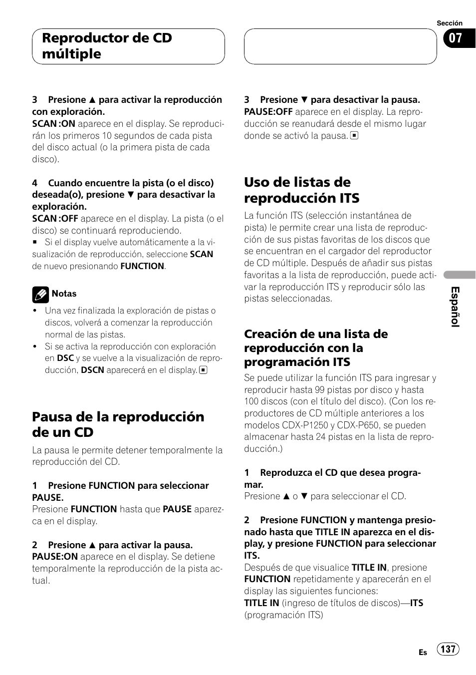 Pausa de la reproducción de un cd 137, Uso de listas de reproducción its 137, Creación de una lista de reproducción | Con la programación its 137, Pausa de la reproducción de un cd, Uso de listas de reproducción its, Reproductor de cd múltiple | Playtex Multi-CD control High power CD/MP3/WMA/WAV player with FM/AM tuner DEH-P560MP User Manual | Page 137 / 162
