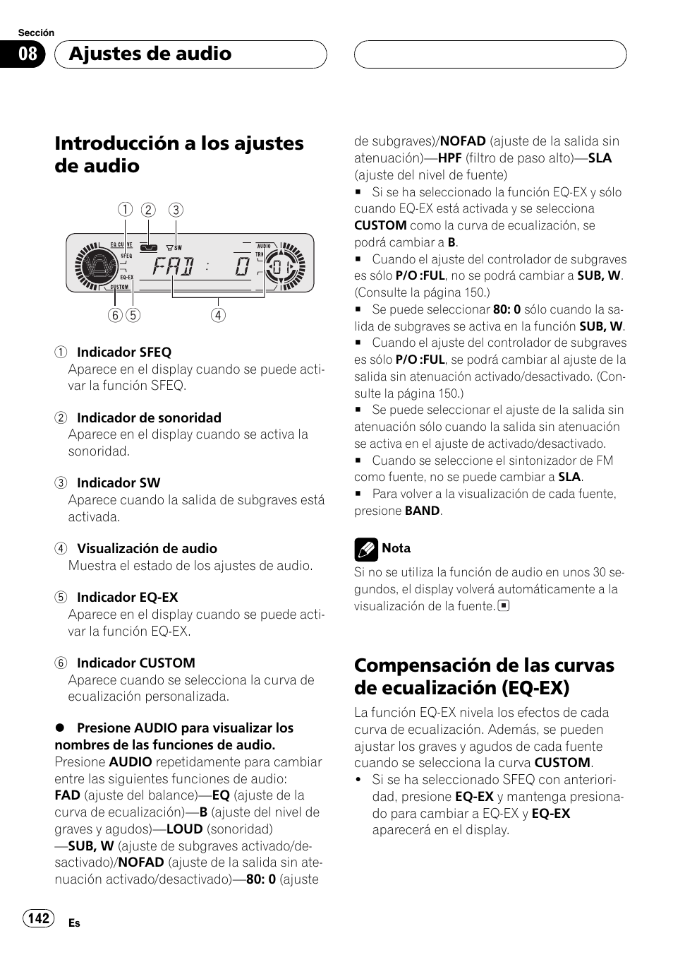 Ajustes de audio, Introducción a los ajustes de audio 142, Compensación de las curvas de ecualización | Eq-ex) 142, Introducción a los ajustes de audio, Compensación de las curvas de ecualización (eq-ex) | Playtex Multi-CD control High power CD/MP3/WMA/WAV player with FM/AM tuner DEH-P560MP User Manual | Page 142 / 162