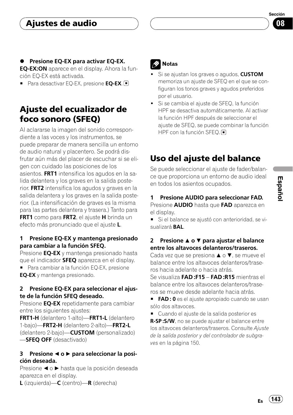 Ajuste del ecualizador de foco sonoro, Sfeq) 143, Uso del ajuste del balance 143 | Ajuste del ecualizador de foco sonoro (sfeq), Uso del ajuste del balance, Ajustes de audio | Playtex Multi-CD control High power CD/MP3/WMA/WAV player with FM/AM tuner DEH-P560MP User Manual | Page 143 / 162