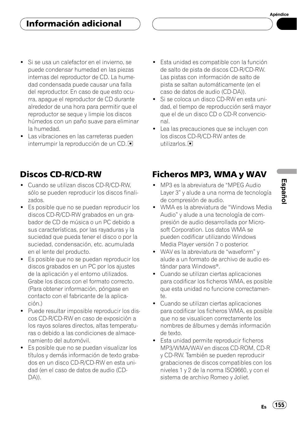 Discos cd-r/cd-rw 155, Ficheros mp3, wma y wav 155, Discos cd-r/cd-rw | Ficheros mp3, wma y wav, Información adicional | Playtex Multi-CD control High power CD/MP3/WMA/WAV player with FM/AM tuner DEH-P560MP User Manual | Page 155 / 162