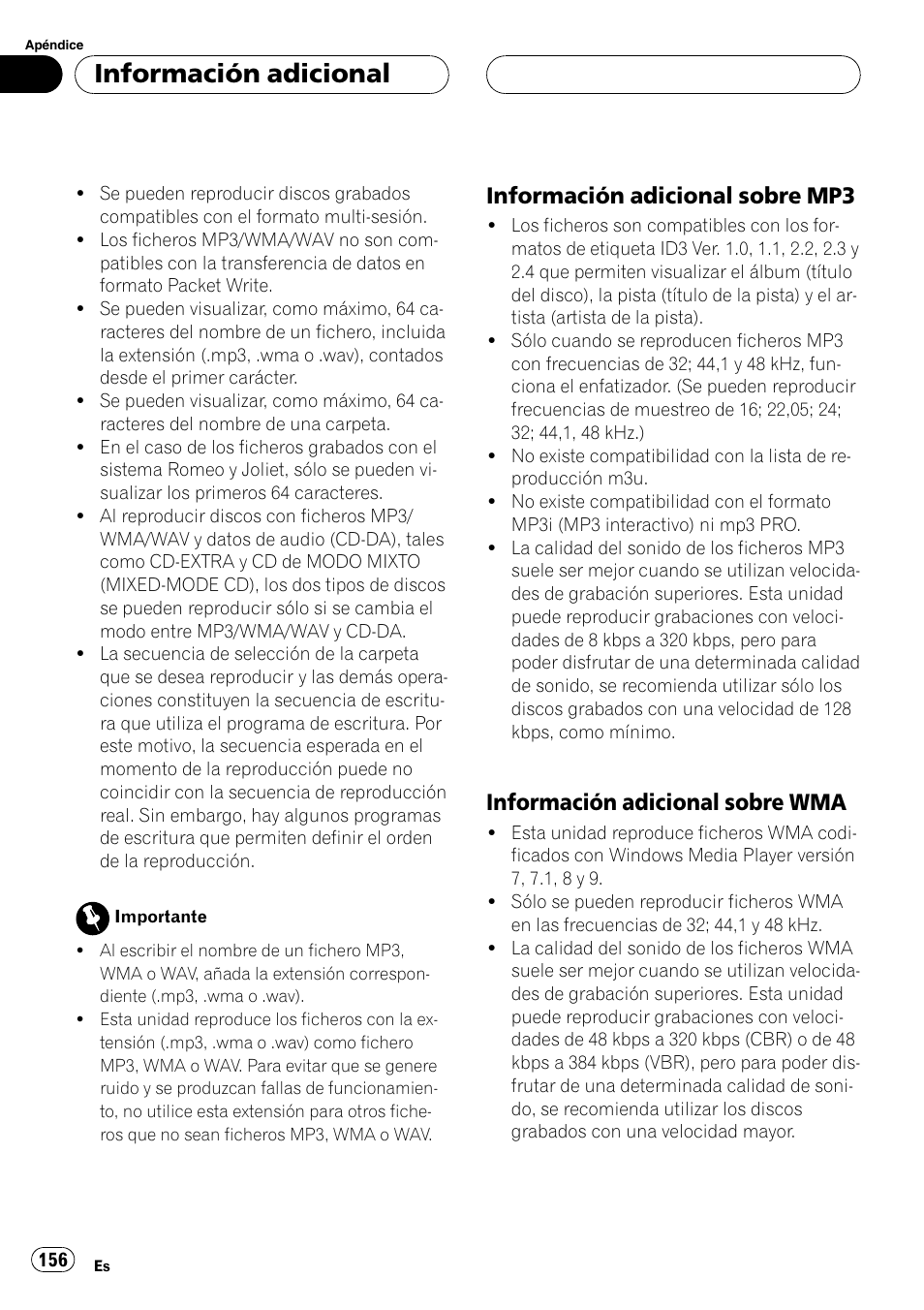 Información adicional sobre, Mp3 156, Wma 156 | Información adicional, Información adicional sobre mp3, Información adicional sobre wma | Playtex Multi-CD control High power CD/MP3/WMA/WAV player with FM/AM tuner DEH-P560MP User Manual | Page 156 / 162