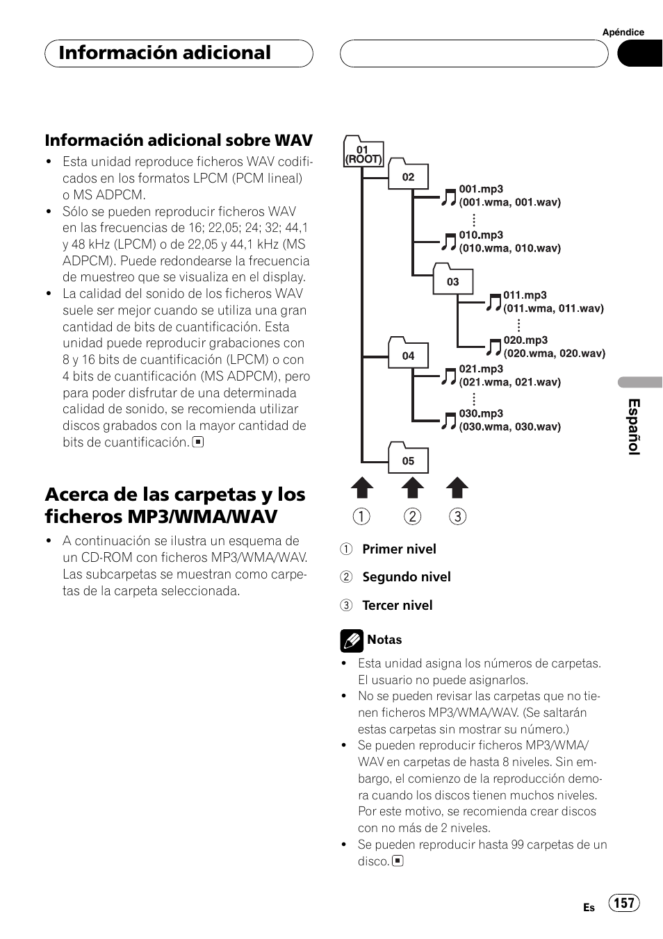 Información adicional sobre, Wav 157, Acerca de las carpetas y los ficheros mp3 | Wma/wav 157, Acerca de las carpetas y los ficheros mp3/wma/wav, Información adicional, Información adicional sobre wav | Playtex Multi-CD control High power CD/MP3/WMA/WAV player with FM/AM tuner DEH-P560MP User Manual | Page 157 / 162