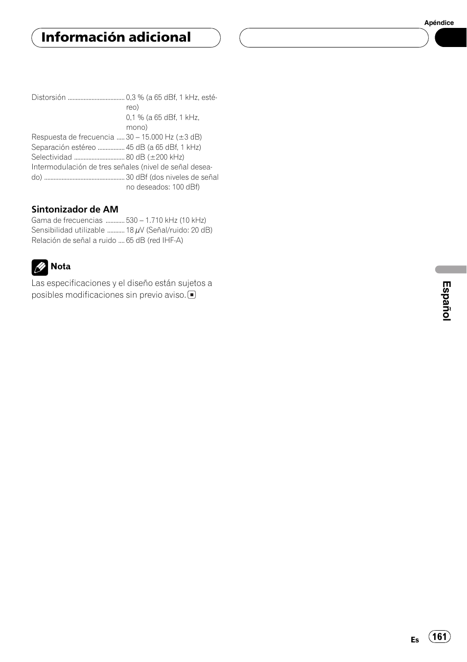 Información adicional, Español | Playtex Multi-CD control High power CD/MP3/WMA/WAV player with FM/AM tuner DEH-P560MP User Manual | Page 161 / 162