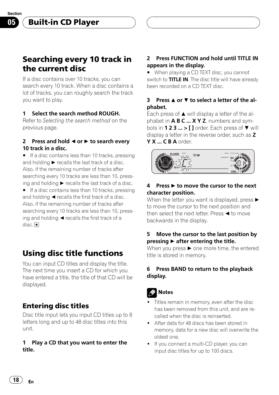 Searching every 10 track in the current, Disc 18, Using disc title functions 18 | Entering disc titles 18, Searching every 10 trackin the current disc, Using disc title functions, Built-in cd player, Entering disc titles | Playtex Multi-CD control High power CD/MP3/WMA/WAV player with FM/AM tuner DEH-P560MP User Manual | Page 18 / 162