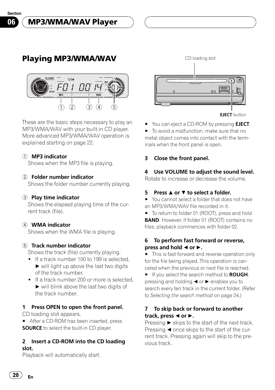 Mp3/wma/wav player, Playing mp3/wma/wav 20, Playing mp3/wma/wav | Playtex Multi-CD control High power CD/MP3/WMA/WAV player with FM/AM tuner DEH-P560MP User Manual | Page 20 / 162