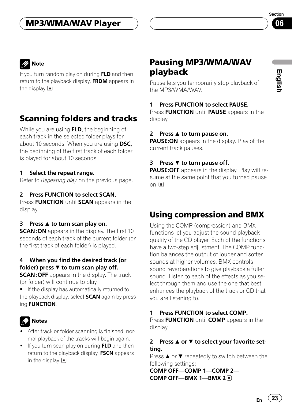 Scanning folders and tracks 23, Pausing mp3/wma/wav playback 23, Using compression and bmx 23 | Scanning folders and tracks, Pausing mp3/wma/wav playback, Using compression and bmx, Mp3/wma/wav player | Playtex Multi-CD control High power CD/MP3/WMA/WAV player with FM/AM tuner DEH-P560MP User Manual | Page 23 / 162