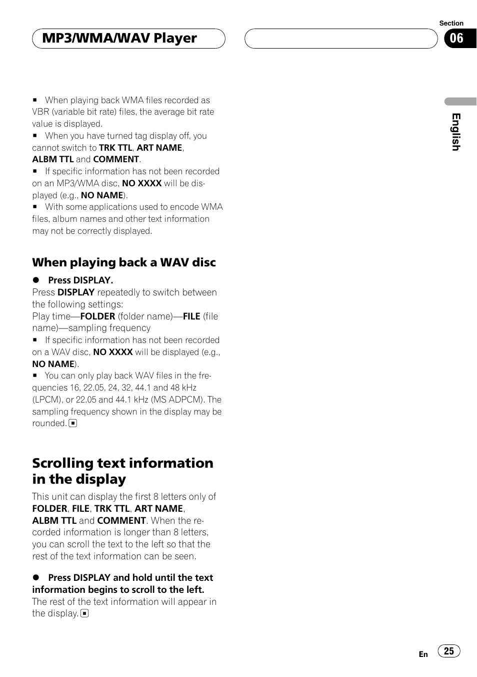 When playing back a wav disc 25, Scrolling text information in the display 25, Scrolling text information in the display | Mp3/wma/wav player | Playtex Multi-CD control High power CD/MP3/WMA/WAV player with FM/AM tuner DEH-P560MP User Manual | Page 25 / 162