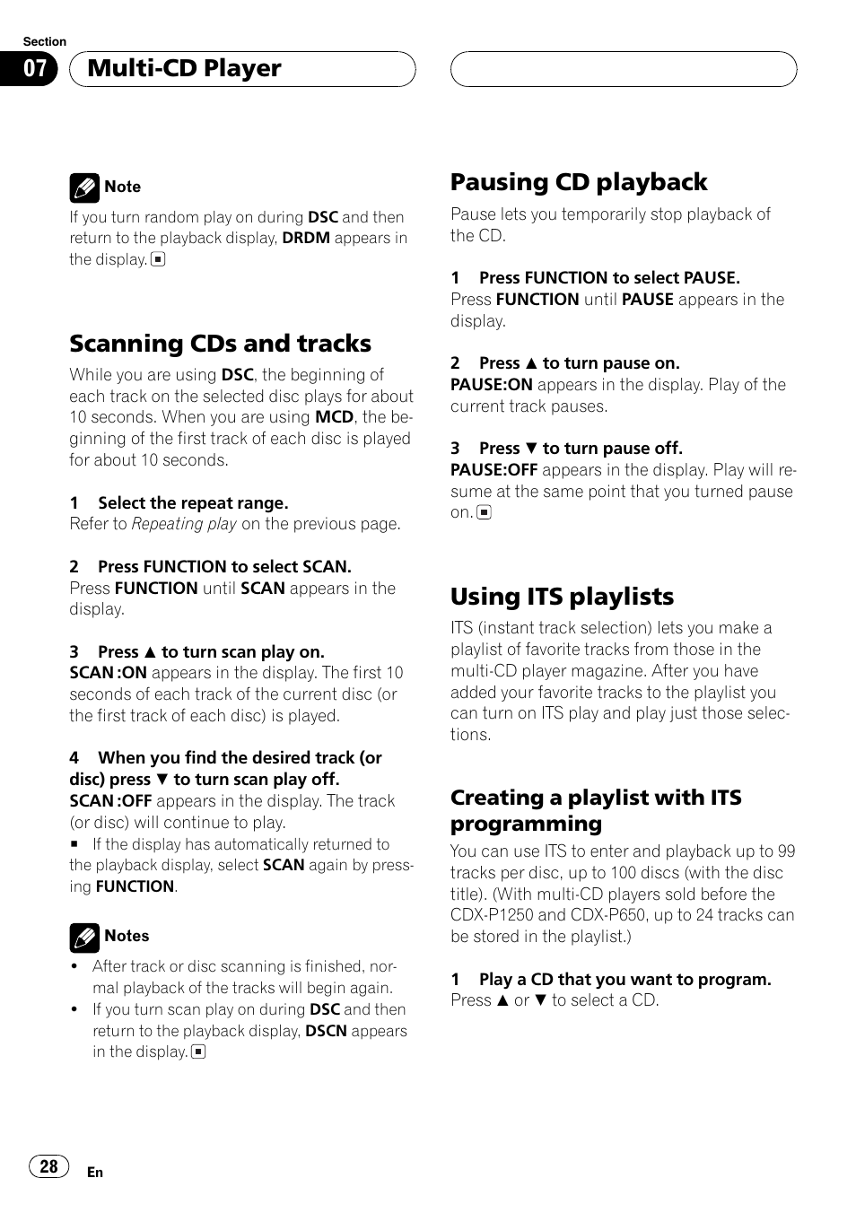 Scanning cds and tracks 28, Pausing cd playback 28, Using its playlists 28 | Creating a playlist with its, Programming 28, Scanning cds and tracks, Pausing cd playback, Using its playlists, Multi-cd player, Creating a playlist with its programming | Playtex Multi-CD control High power CD/MP3/WMA/WAV player with FM/AM tuner DEH-P560MP User Manual | Page 28 / 162