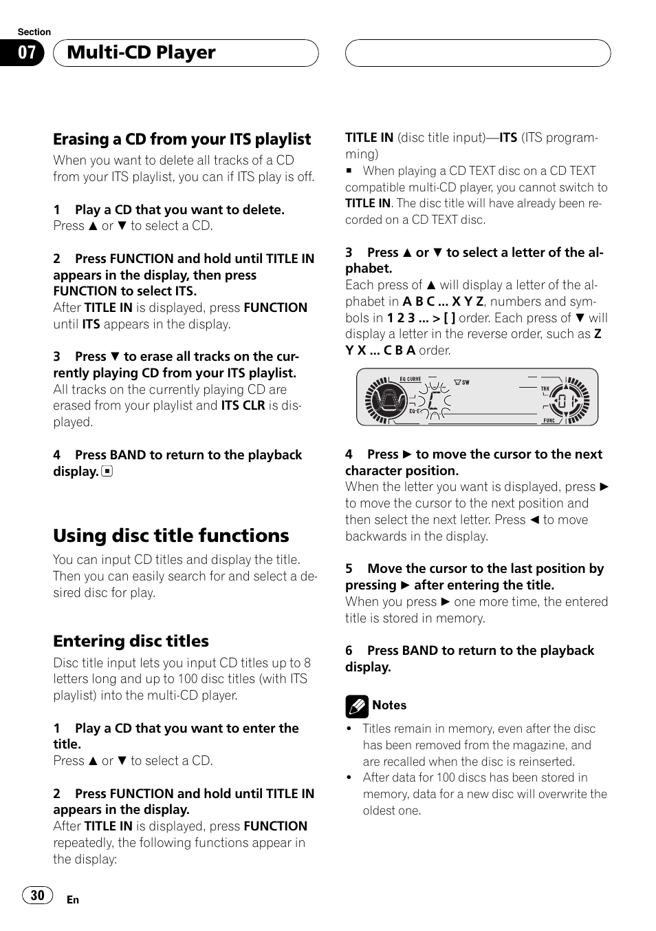 Erasing a cd from your its, Playlist 30, Using disc title functions 30 | Entering disc titles 30, Using disc title functions, Multi-cd player, Erasing a cd from your its playlist, Entering disc titles | Playtex Multi-CD control High power CD/MP3/WMA/WAV player with FM/AM tuner DEH-P560MP User Manual | Page 30 / 162