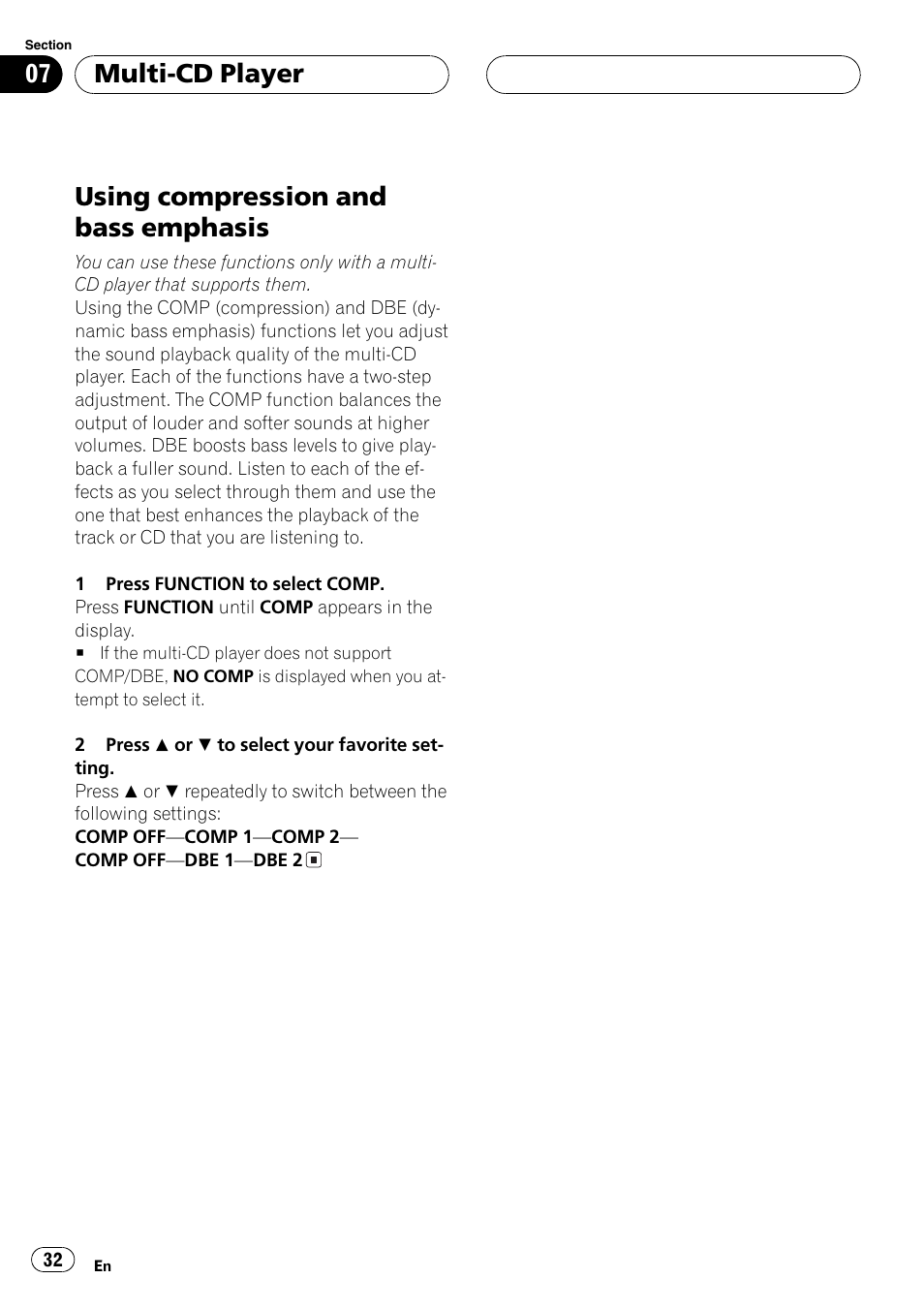 Using compression and bass emphasis 32, Using compression and bass emphasis, Multi-cd player | Playtex Multi-CD control High power CD/MP3/WMA/WAV player with FM/AM tuner DEH-P560MP User Manual | Page 32 / 162