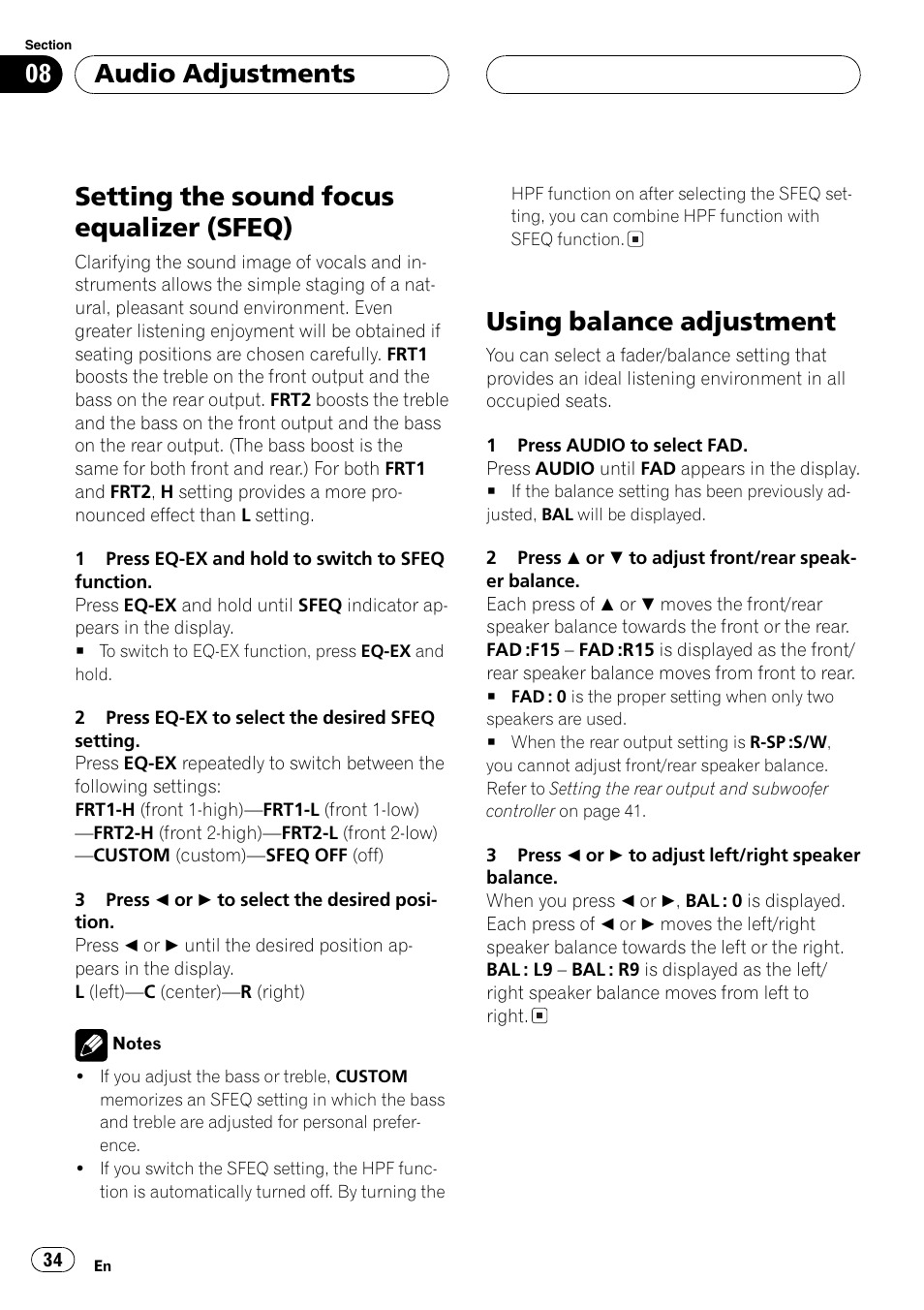 Setting the sound focus equalizer, Sfeq) 34, Using balance adjustment 34 | Setting the sound focus equalizer (sfeq), Using balance adjustment, Audio adjustments | Playtex Multi-CD control High power CD/MP3/WMA/WAV player with FM/AM tuner DEH-P560MP User Manual | Page 34 / 162