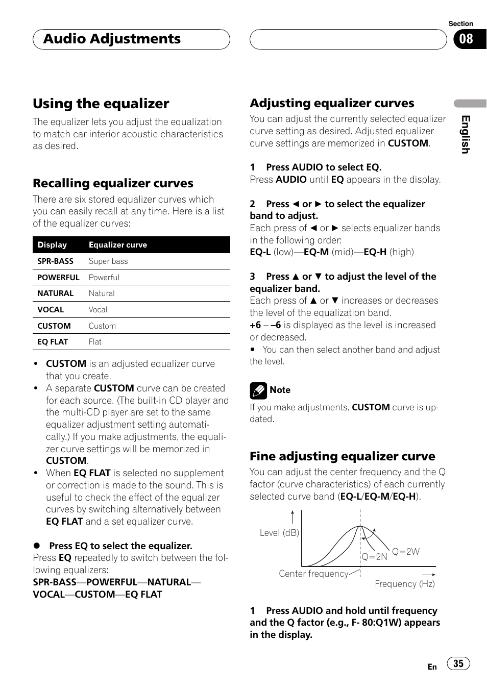 Using the equalizer 35, Recalling equalizer curves 35, Adjusting equalizer curves 35 | Fine adjusting equalizer curve 35, Using the equalizer, Audio adjustments, Recalling equalizer curves, Adjusting equalizer curves, Fine adjusting equalizer curve | Playtex Multi-CD control High power CD/MP3/WMA/WAV player with FM/AM tuner DEH-P560MP User Manual | Page 35 / 162