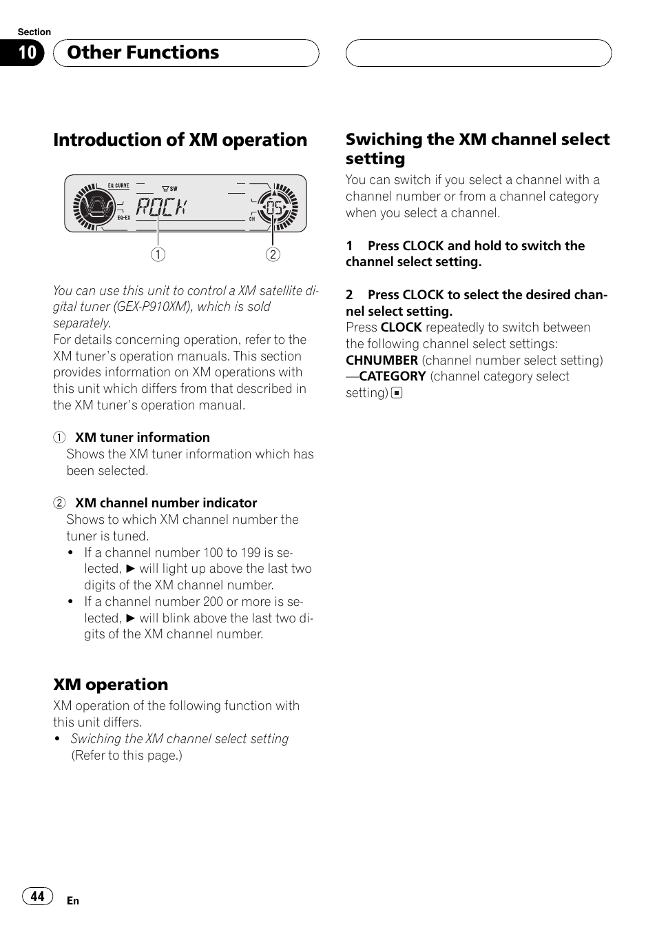 Introduction of xmoperation 44, Xmoperation 44, Swiching the xmchannel select | Setting 44, Introduction of xm operation, Other functions | Playtex Multi-CD control High power CD/MP3/WMA/WAV player with FM/AM tuner DEH-P560MP User Manual | Page 44 / 162