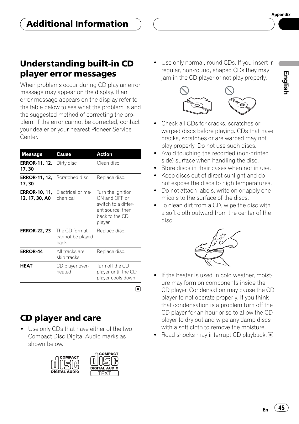 Additional information, Understanding built-in cd player error, Messages 45 | Cd player and care 45, Understanding built-in cd player error messages, Cd player and care | Playtex Multi-CD control High power CD/MP3/WMA/WAV player with FM/AM tuner DEH-P560MP User Manual | Page 45 / 162