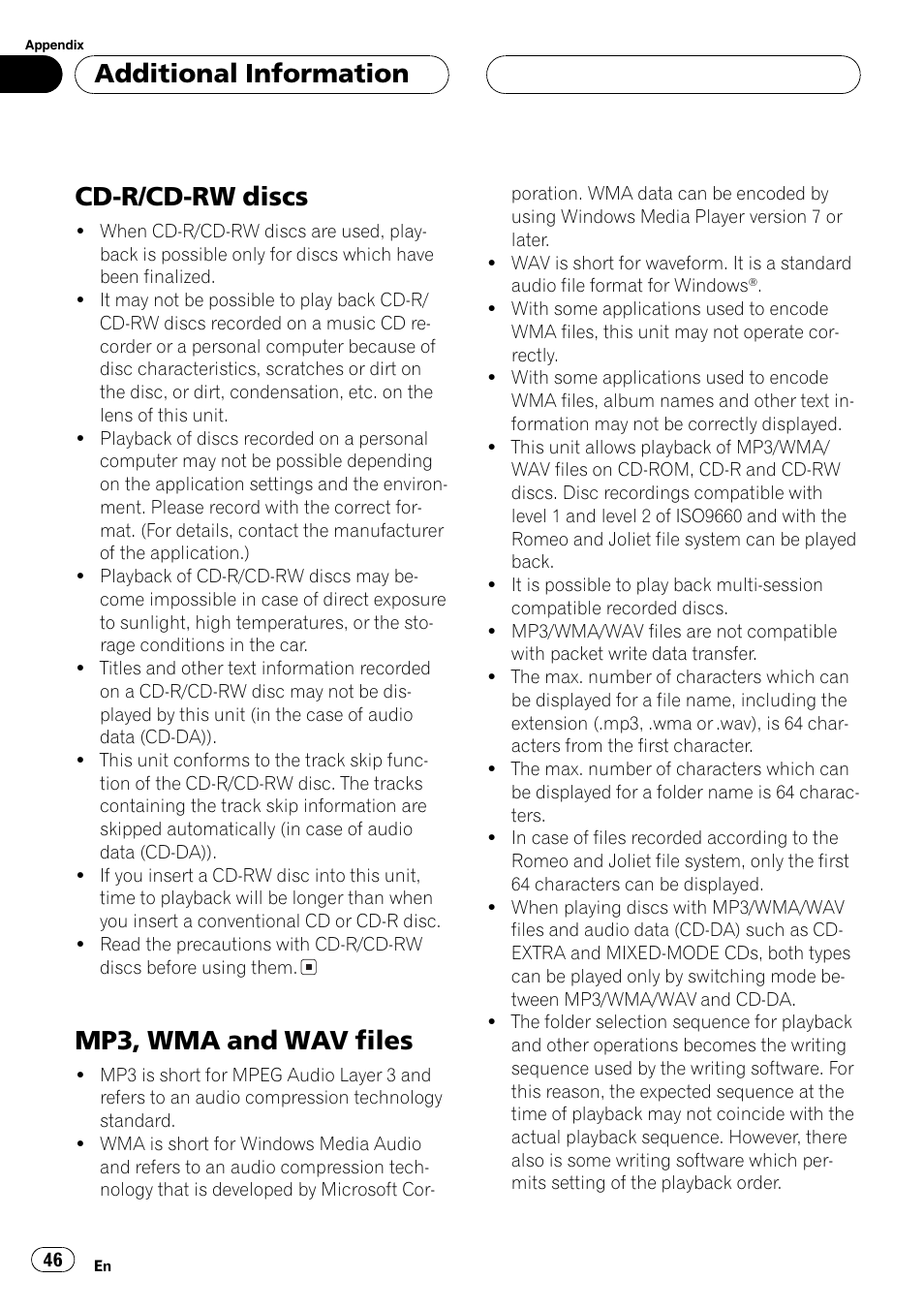 Cd-r/cd-rw discs 46, Mp3, wma and wav files 46, Cd-r/cd-rw discs | Mp3, wma and wav files, Additional information | Playtex Multi-CD control High power CD/MP3/WMA/WAV player with FM/AM tuner DEH-P560MP User Manual | Page 46 / 162