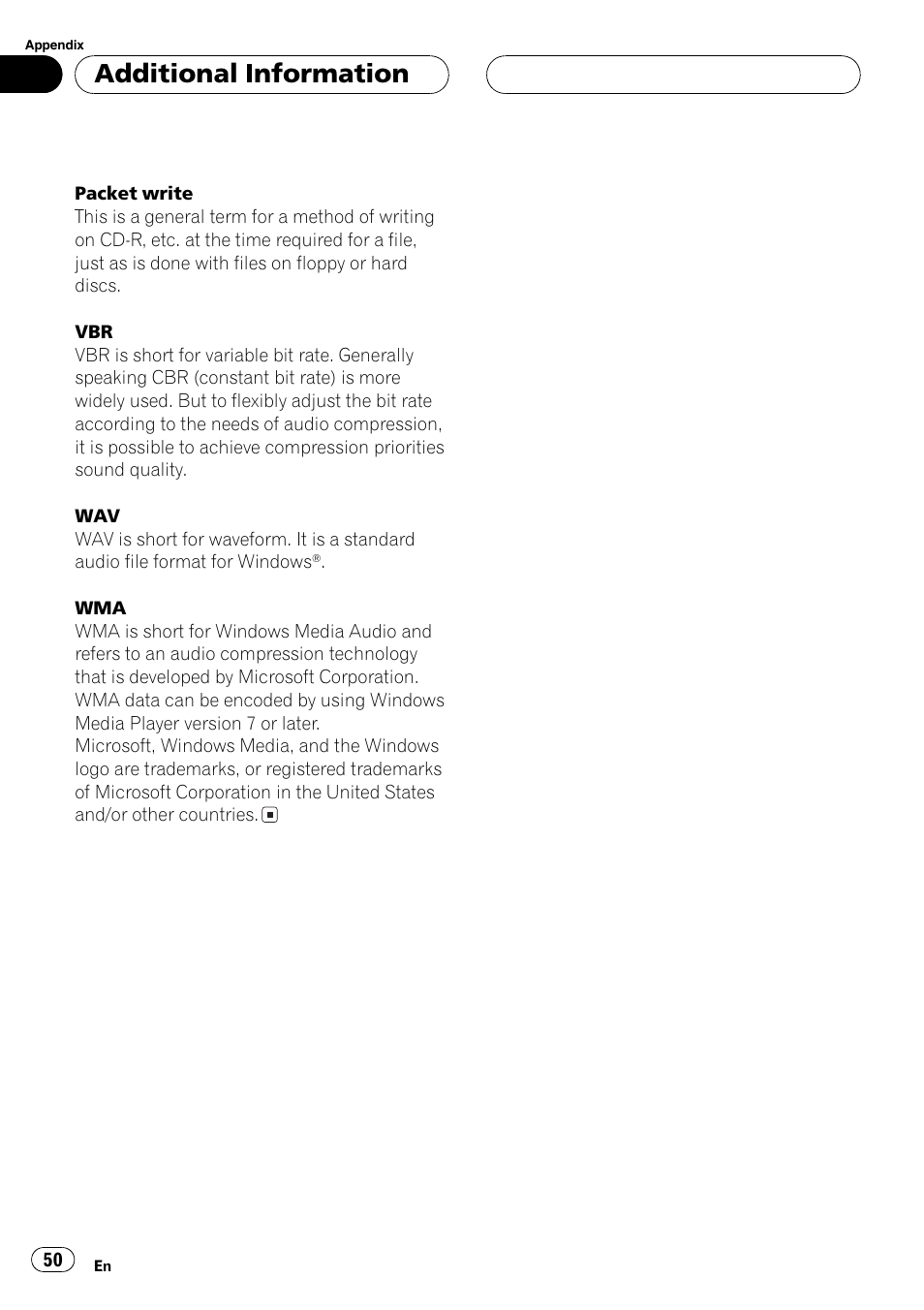 Additional information | Playtex Multi-CD control High power CD/MP3/WMA/WAV player with FM/AM tuner DEH-P560MP User Manual | Page 50 / 162
