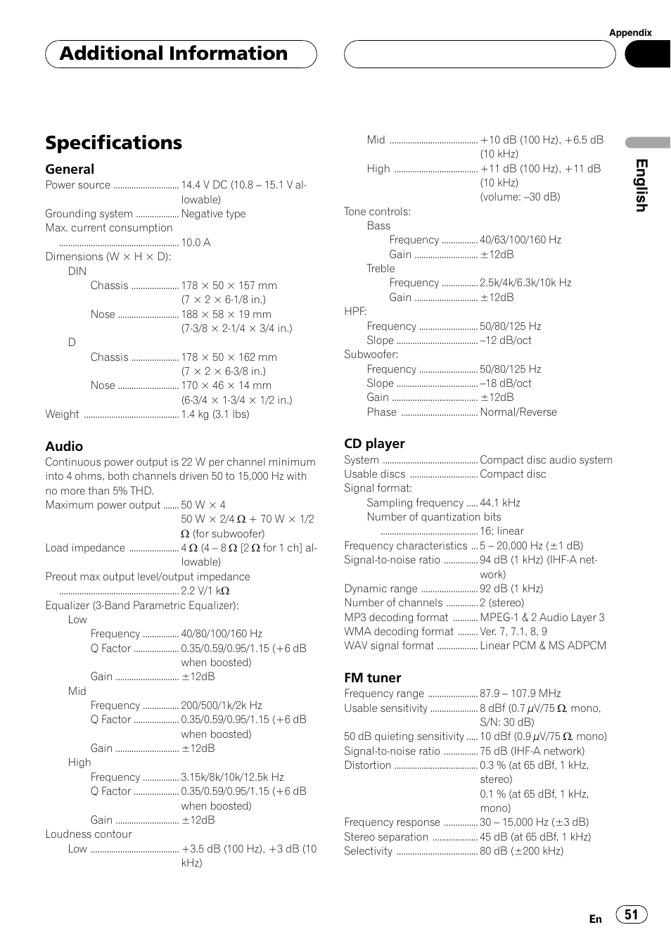 Specifications 51, Specifications, Additional information | English, General, Audio, Cd player, Fm tuner | Playtex Multi-CD control High power CD/MP3/WMA/WAV player with FM/AM tuner DEH-P560MP User Manual | Page 51 / 162