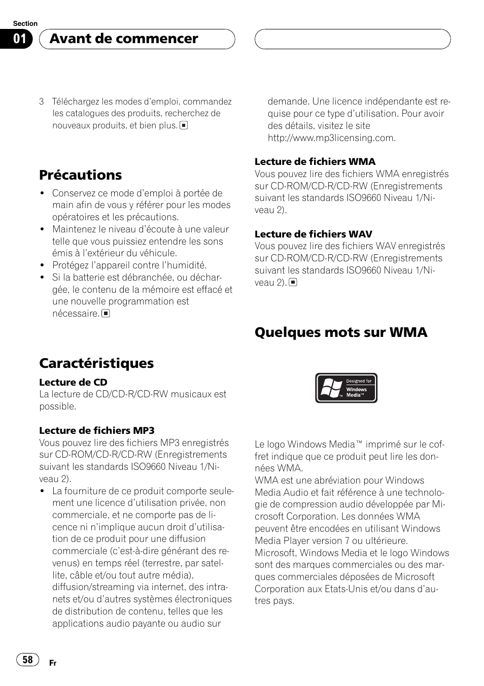 Précautions 58, Caractéristiques 58, Quelques mots sur wma 58 | Précautions, Caractéristiques, Quelques mots sur wma, Avant de commencer | Playtex Multi-CD control High power CD/MP3/WMA/WAV player with FM/AM tuner DEH-P560MP User Manual | Page 58 / 162