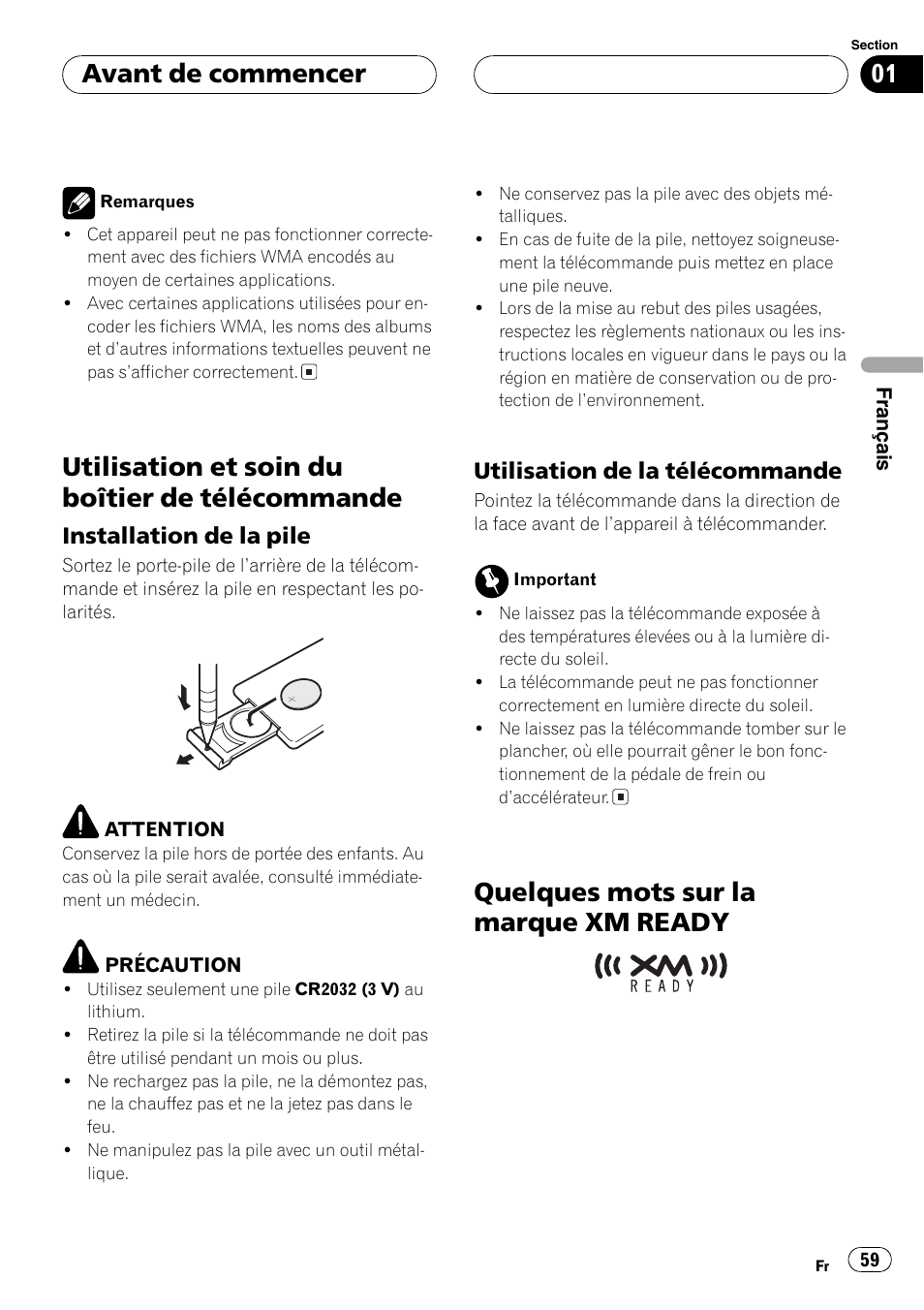 Utilisation et soin du boîtier de, Télécommande 59, Installation de la pile 59 | Utilisation de la télécommande 59, Quelques mots sur la marque xm, Ready 59, Utilisation et soin du boîtier de télécommande, Installation de la pile, Utilisation de la télécommande | Playtex Multi-CD control High power CD/MP3/WMA/WAV player with FM/AM tuner DEH-P560MP User Manual | Page 59 / 162