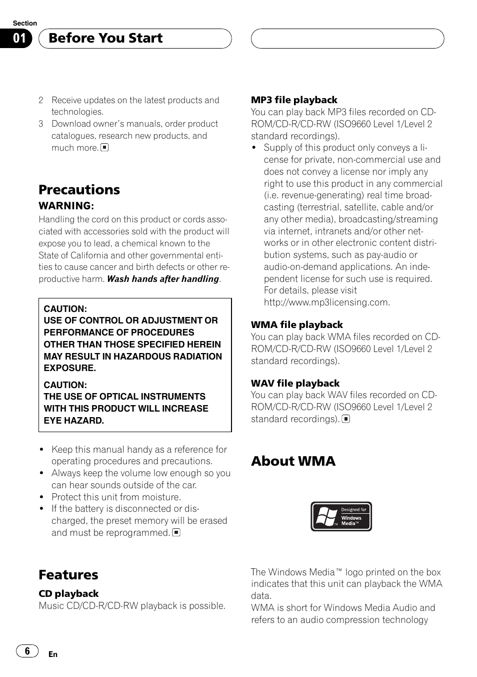 Precautions 6, Features 6, About wma 6 | Precautions, Features, About wma, Before you start | Playtex Multi-CD control High power CD/MP3/WMA/WAV player with FM/AM tuner DEH-P560MP User Manual | Page 6 / 162