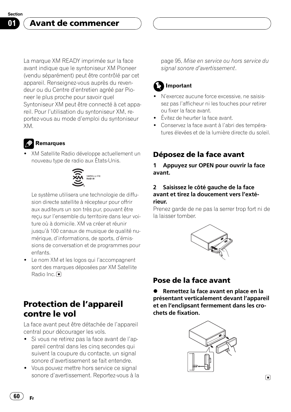 Protection de lappareil contre le vol 60, Déposez de la face avant 60, Pose de la face avant 60 | Protection de lappareil contre le vol, Avant de commencer, Déposez de la face avant, Pose de la face avant | Playtex Multi-CD control High power CD/MP3/WMA/WAV player with FM/AM tuner DEH-P560MP User Manual | Page 60 / 162