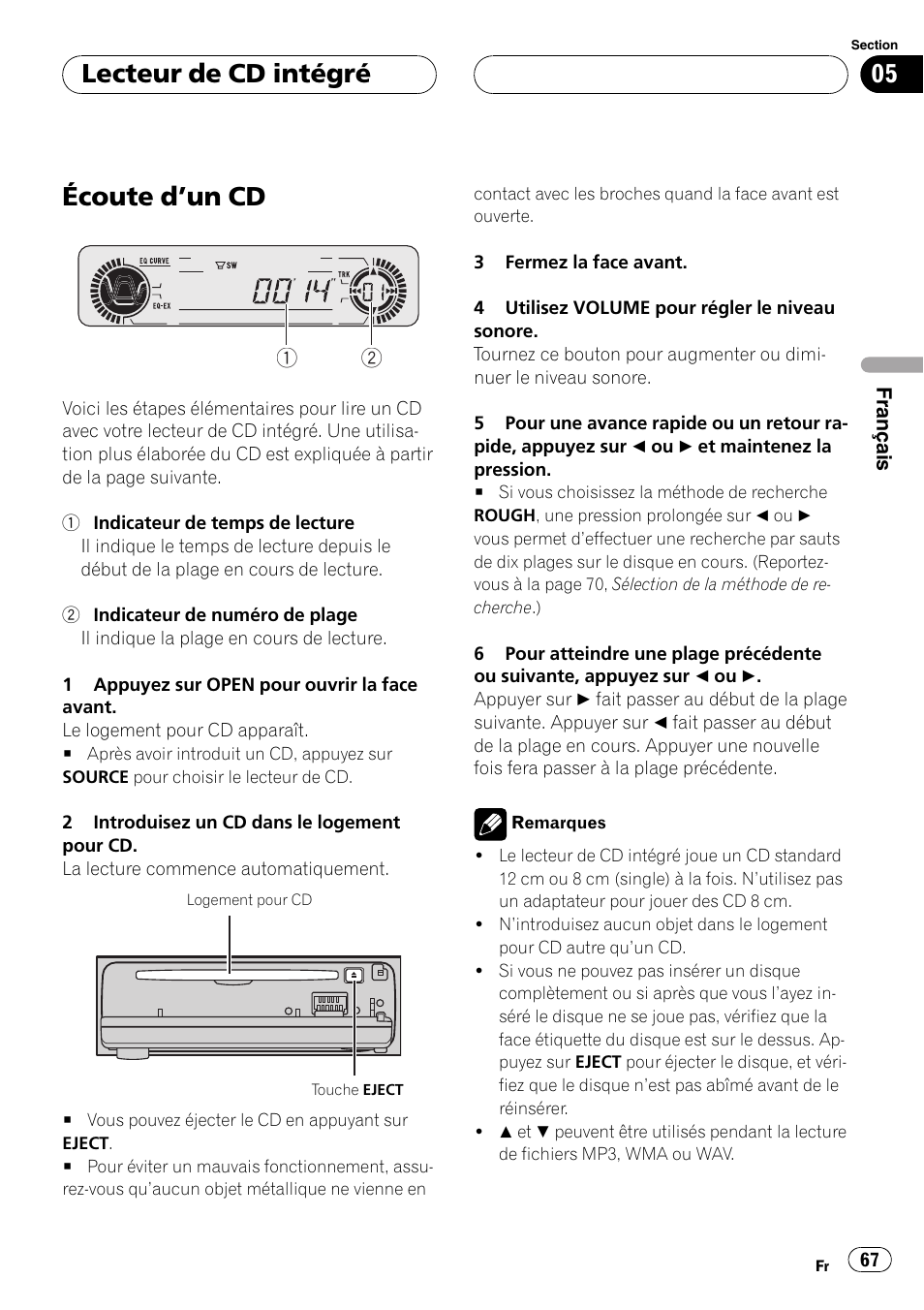Lecteur de cd intégré, Écoute dun cd 67, Écoute dun cd | Playtex Multi-CD control High power CD/MP3/WMA/WAV player with FM/AM tuner DEH-P560MP User Manual | Page 67 / 162