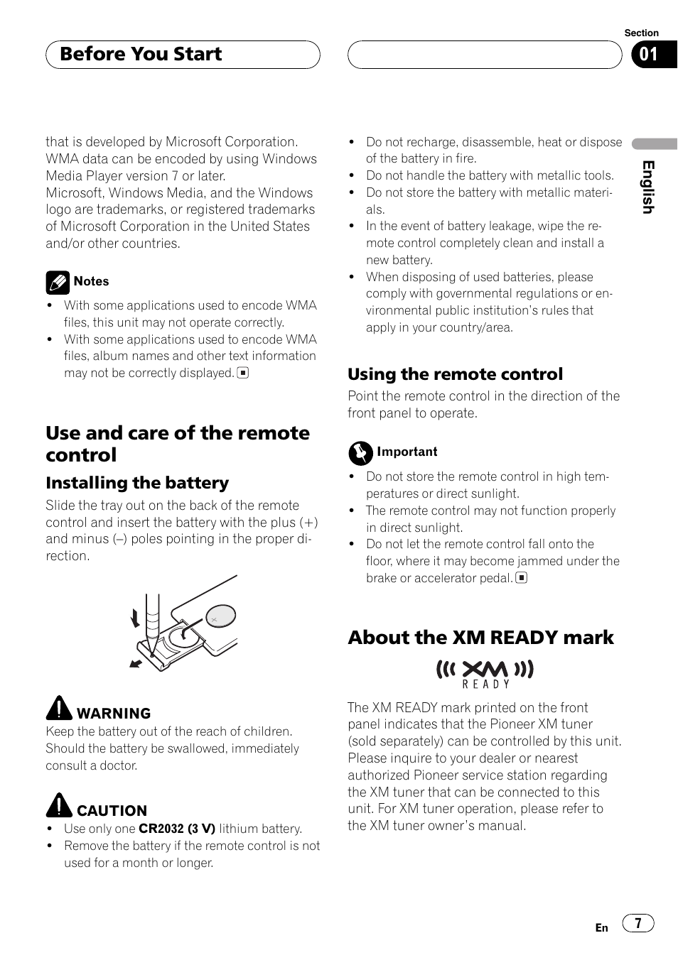 Use and care of the remote control 7, Installing the battery 7, Using the remote control 7 | About the xmready mark 7, Use and care of the remote control, About the xm ready mark, Before you start, Installing the battery, Using the remote control | Playtex Multi-CD control High power CD/MP3/WMA/WAV player with FM/AM tuner DEH-P560MP User Manual | Page 7 / 162